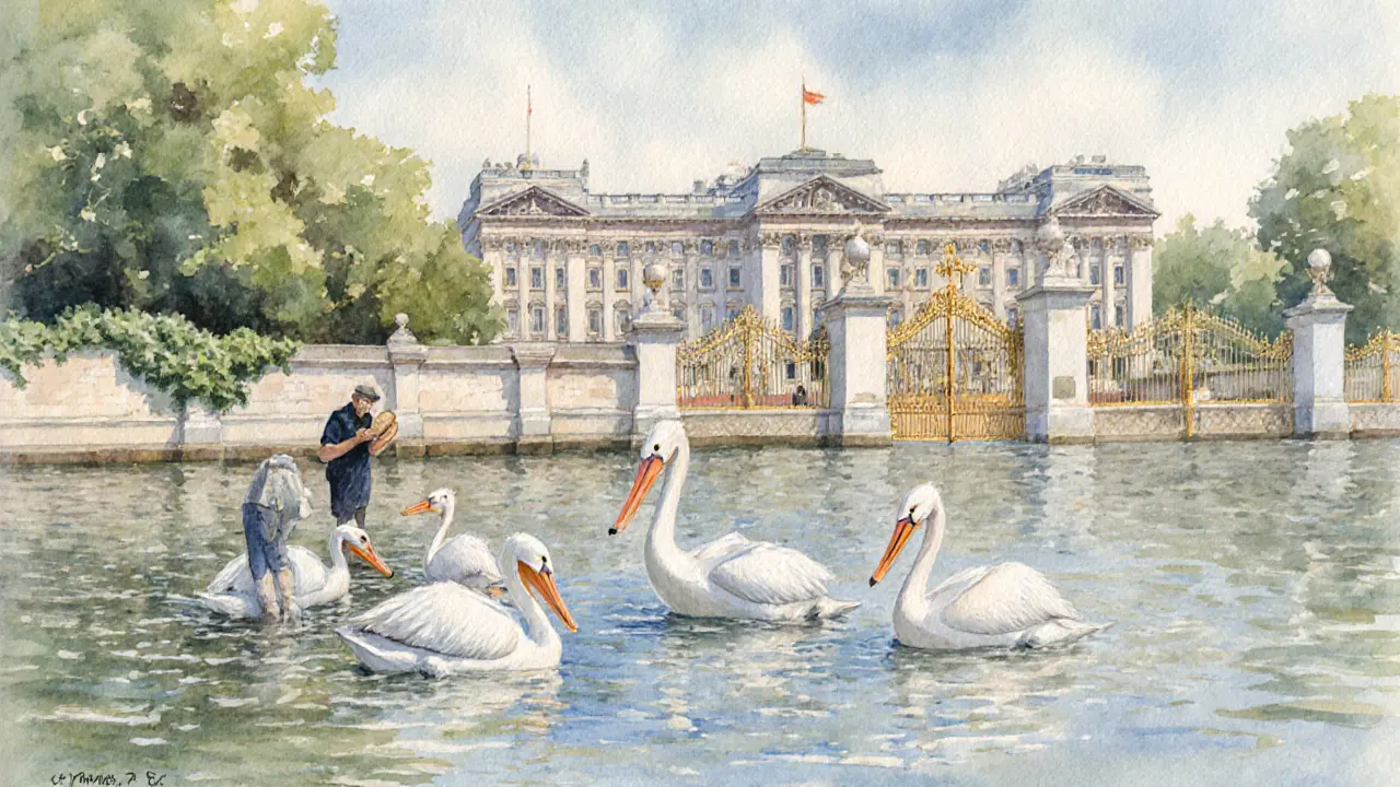 St. James’s Park with pelicans on the lake and Buckingham Palace in the background.