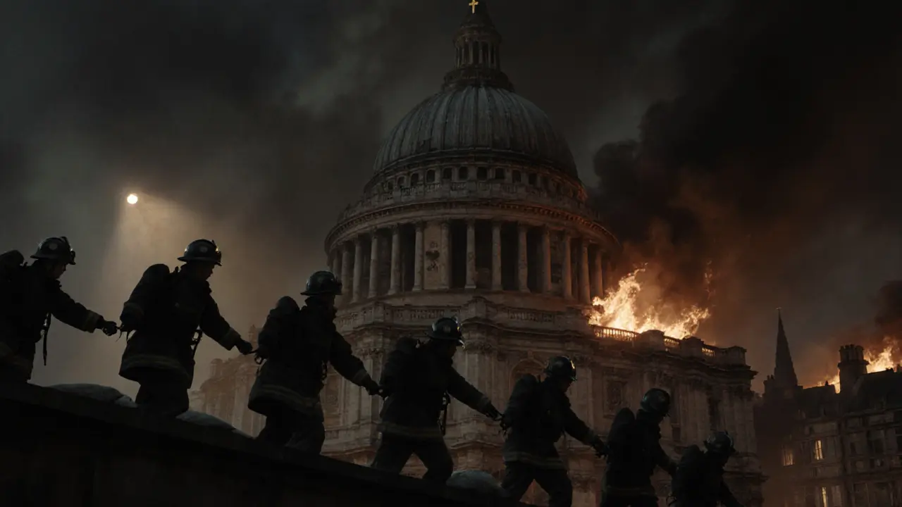 St. Paul&#039;s Cathedral during the Blitz, surrounded by smoke and firefighters forming a human chain.