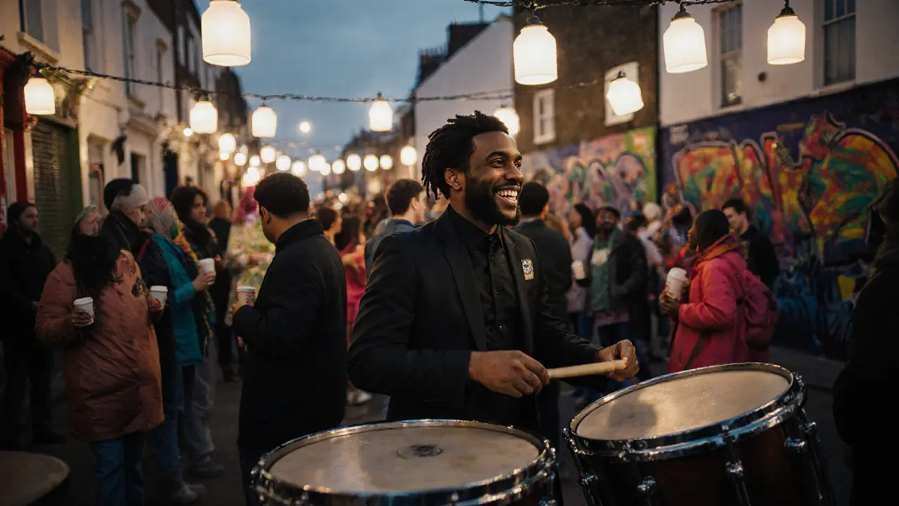 Steel pan musicians preparing for Notting Hill Carnival early Saturday morning under string lights.
