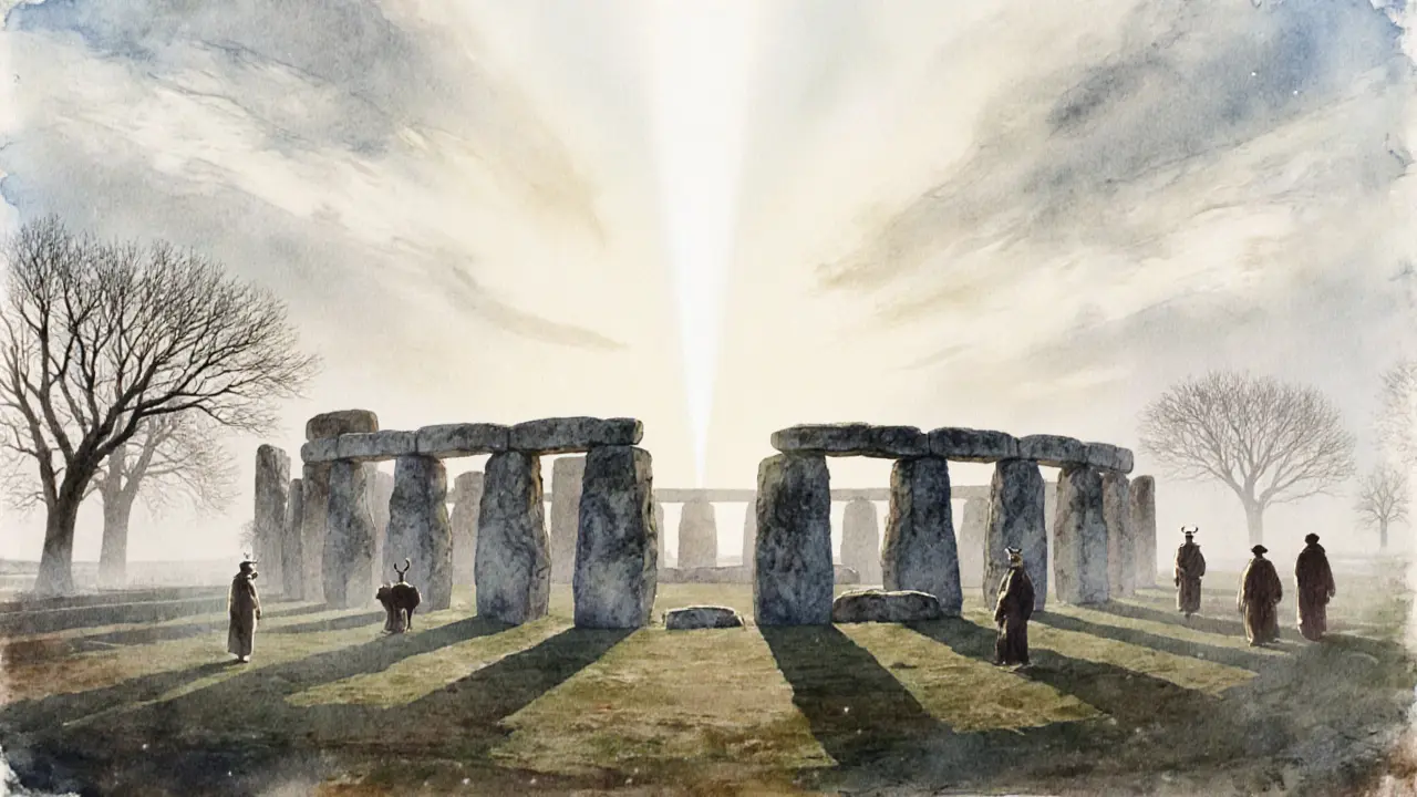 Stonehenge at winter solstice, bathed in a single beam of light, surrounded by mist and silent figures.