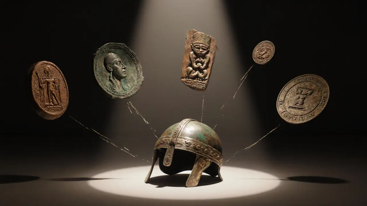 Sutton Hoo helmet illuminated amid floating artifacts from global cultures, suspended like memories in shadow.