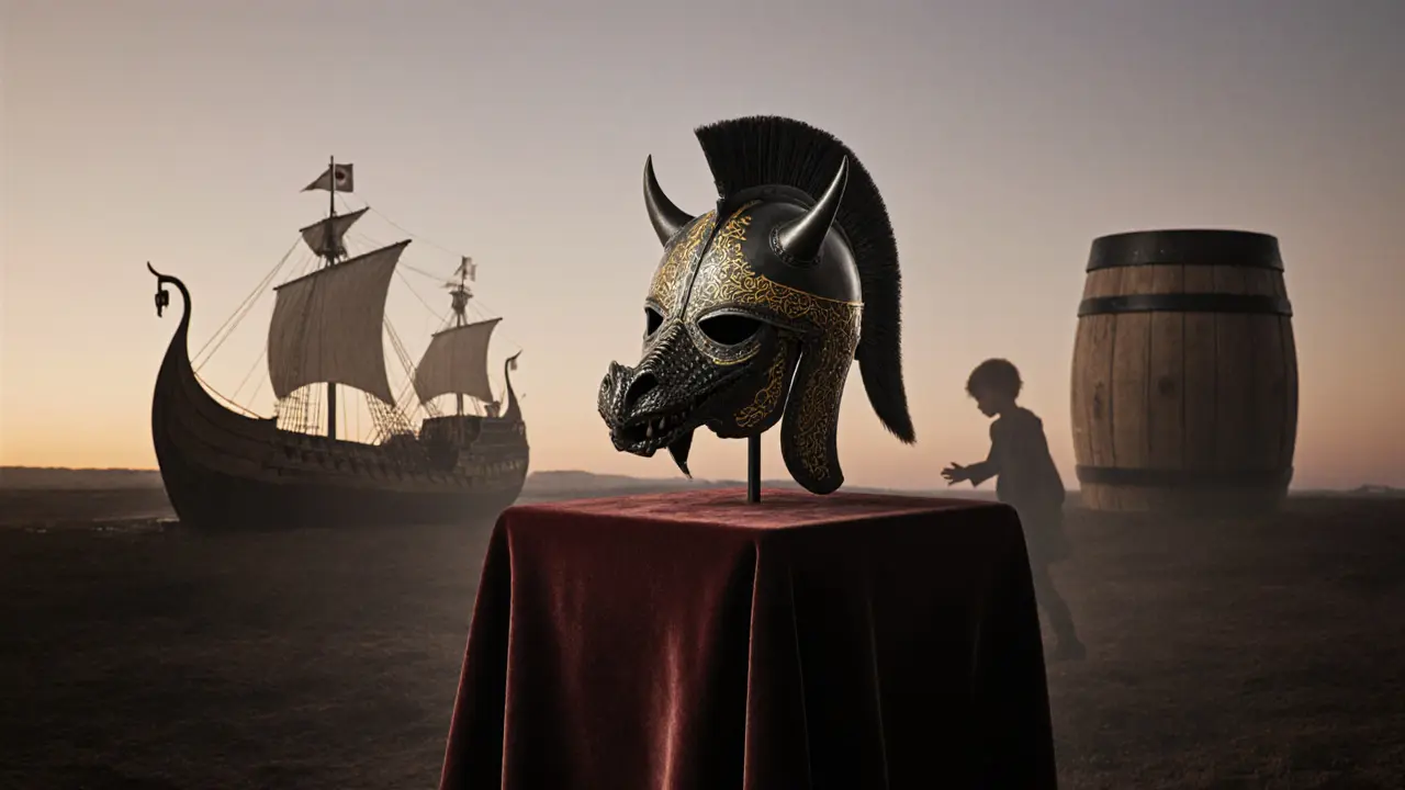 Sutton Hoo helmet with faint historical imagery surrounding it, resting on velvet.