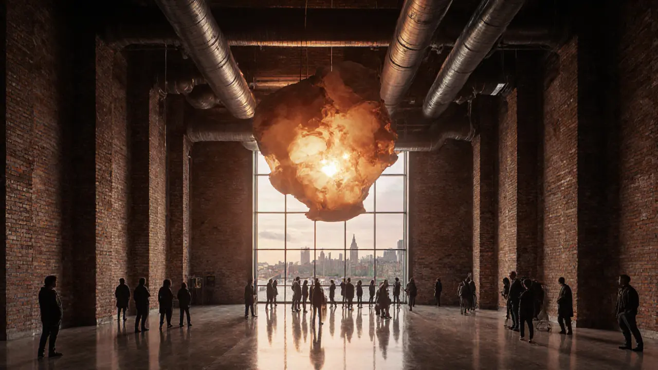 Tate Modern&#039;s turbine hall with glowing art installation and visitors gazing upward at dusk.
