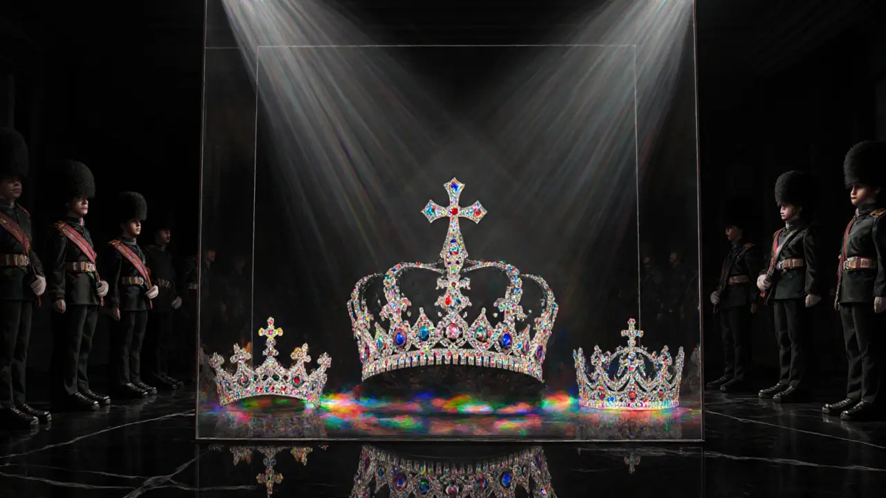 The Crown Jewels glowing under spotlight in the Jewel House, surrounded by dark marble and armed guards.