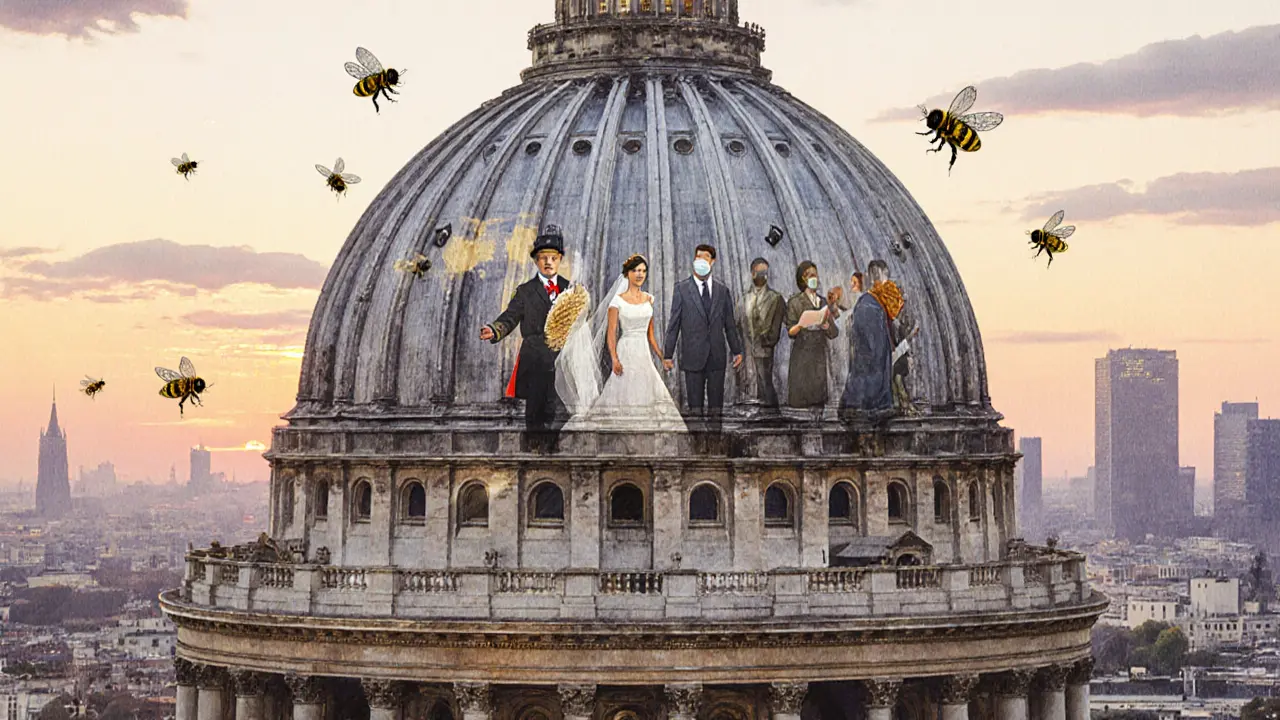 The dome of St. Paul&#039;s Cathedral at sunset, layered with faint images of historic and modern moments of London life.