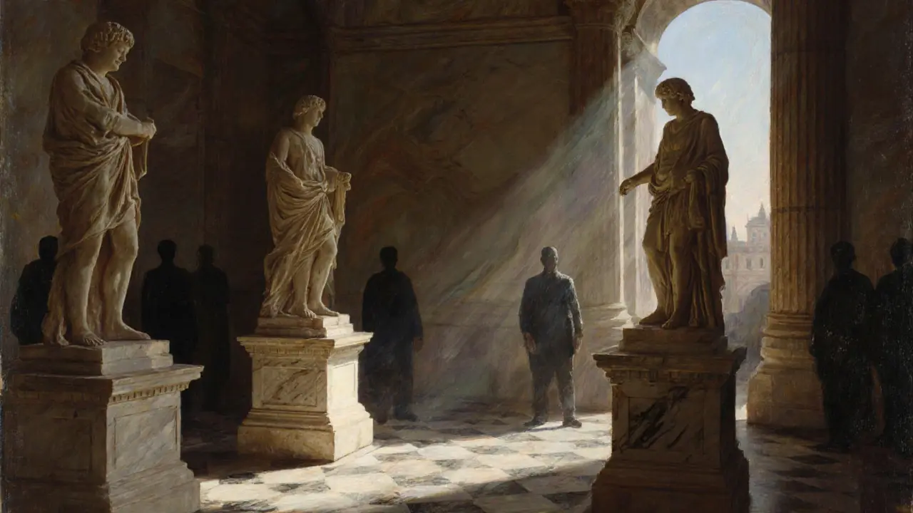 The Elgin Marbles illuminated by sunlight, with ghostly figures representing their complex history in the background.