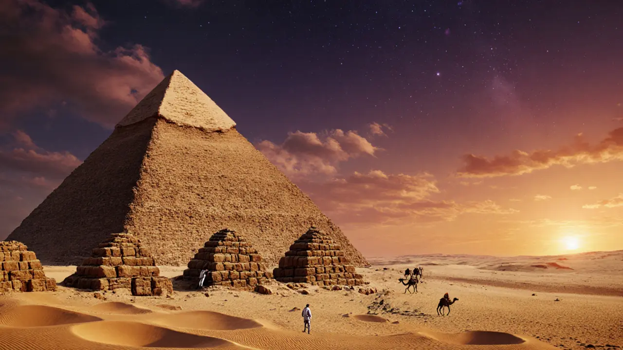 The Great Pyramid of Giza at sunset, with a small figure climbing its massive stones under a glowing sky.