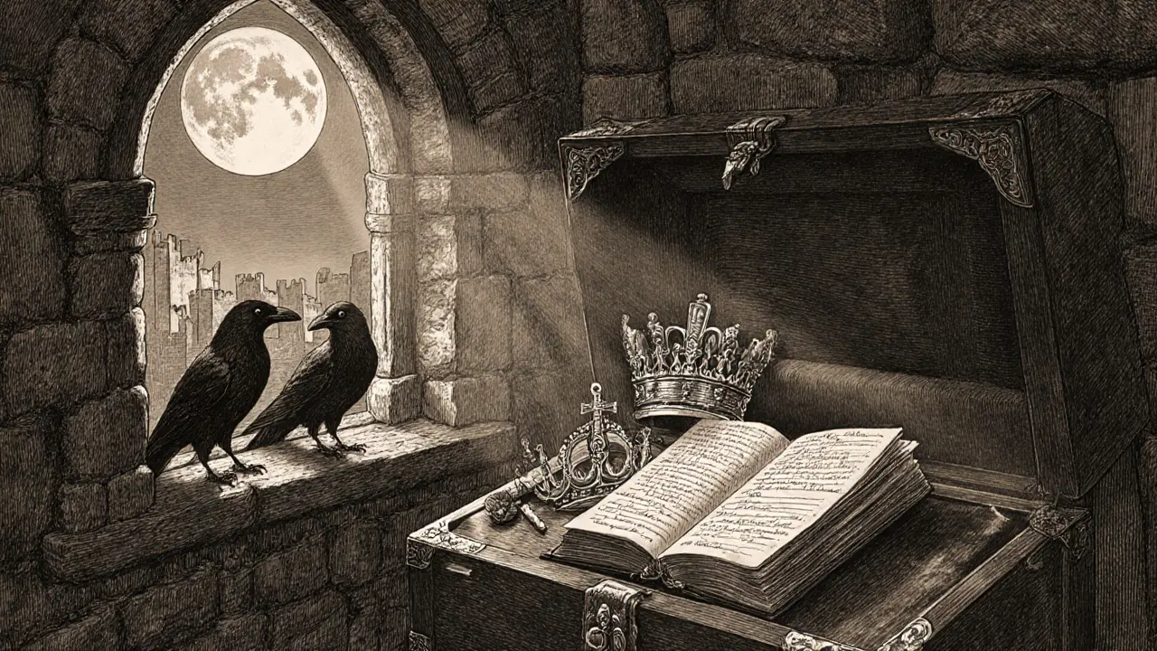 The Keeper of the Jewels asleep beside locked chests containing the Crown Jewels, ravens watching from the window.