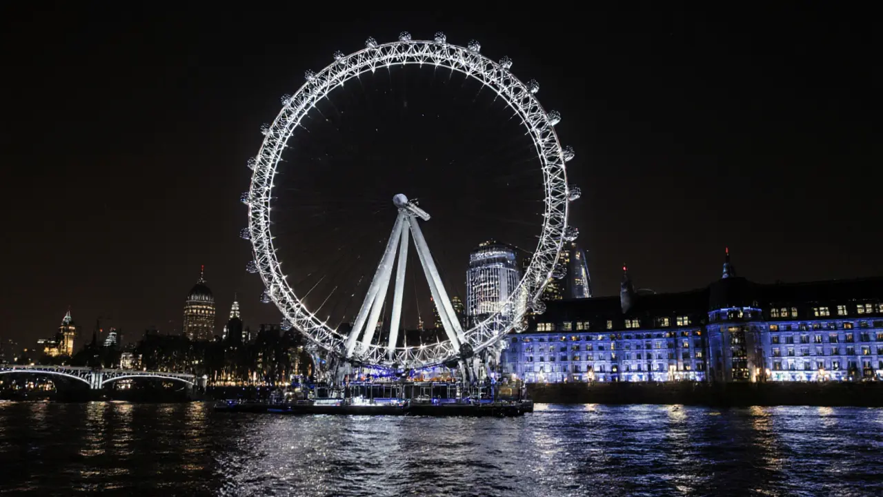 The London Eye glowing as Olympic rings at night, reflecting city lights on the Thames with a quiet, empty capsule.