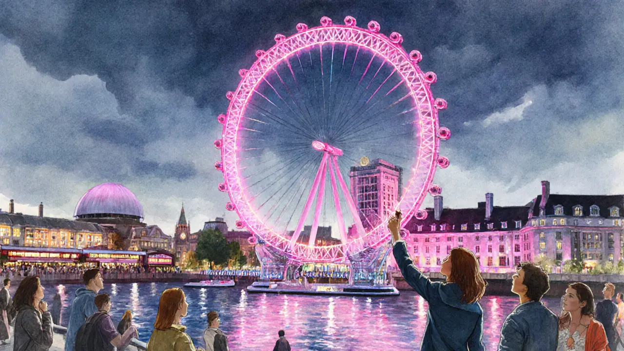 The London Eye lit pink for Breast Cancer Awareness Month, with people on the South Bank looking up in awe.