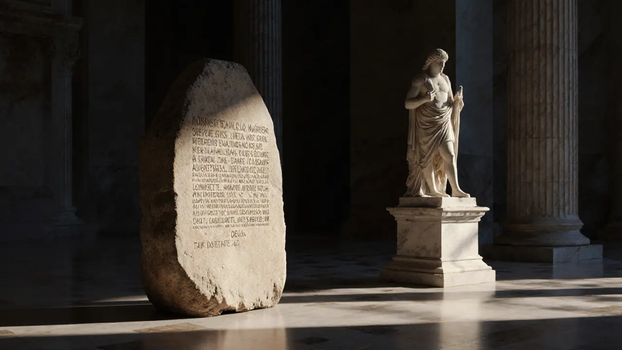 The Rosetta Stone and Elgin Marbles displayed together in a grand museum gallery under soft lighting.