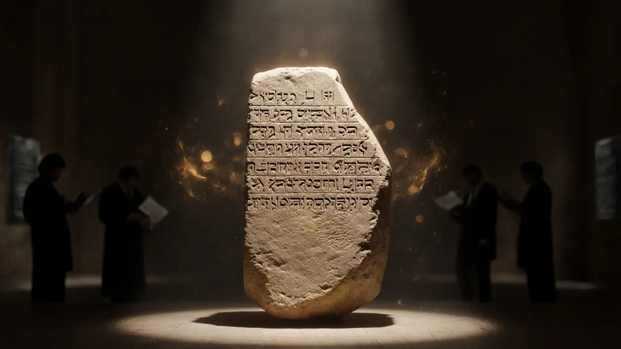 The Rosetta Stone glowing with ancient scripts, surrounded by floating hieroglyphs in a dark museum room.