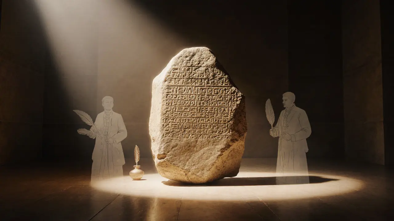 The Rosetta Stone illuminated in a quiet gallery with ghostly scholar figures in shadow.