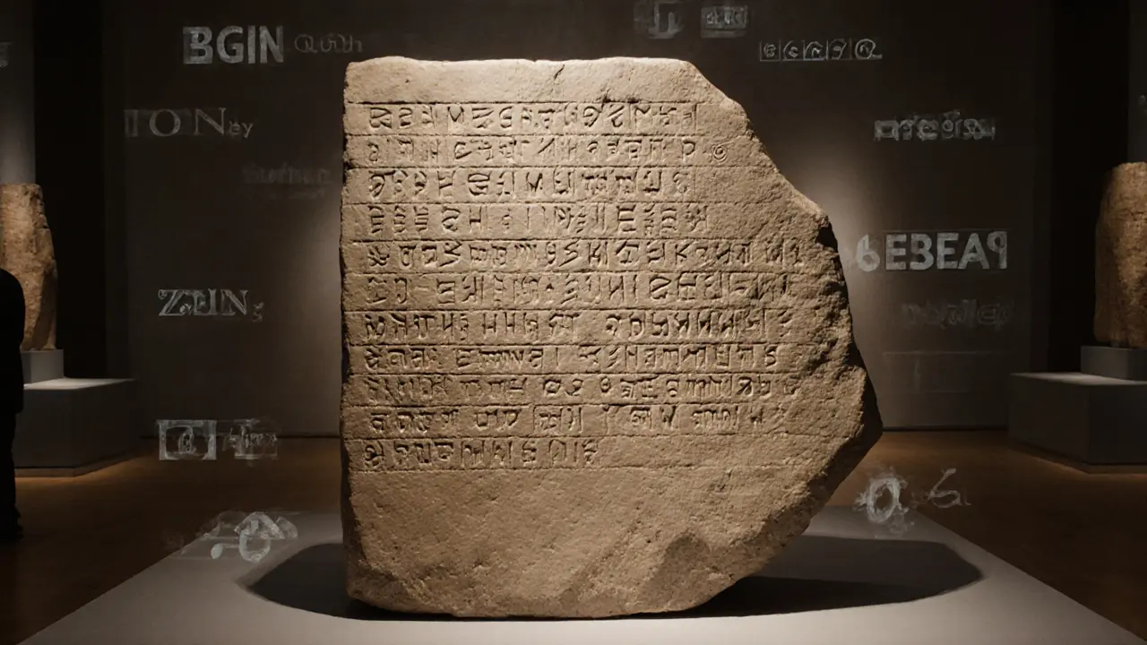 The Rosetta Stone on display, with faint translucent ancient scripts floating around it in a museum setting.