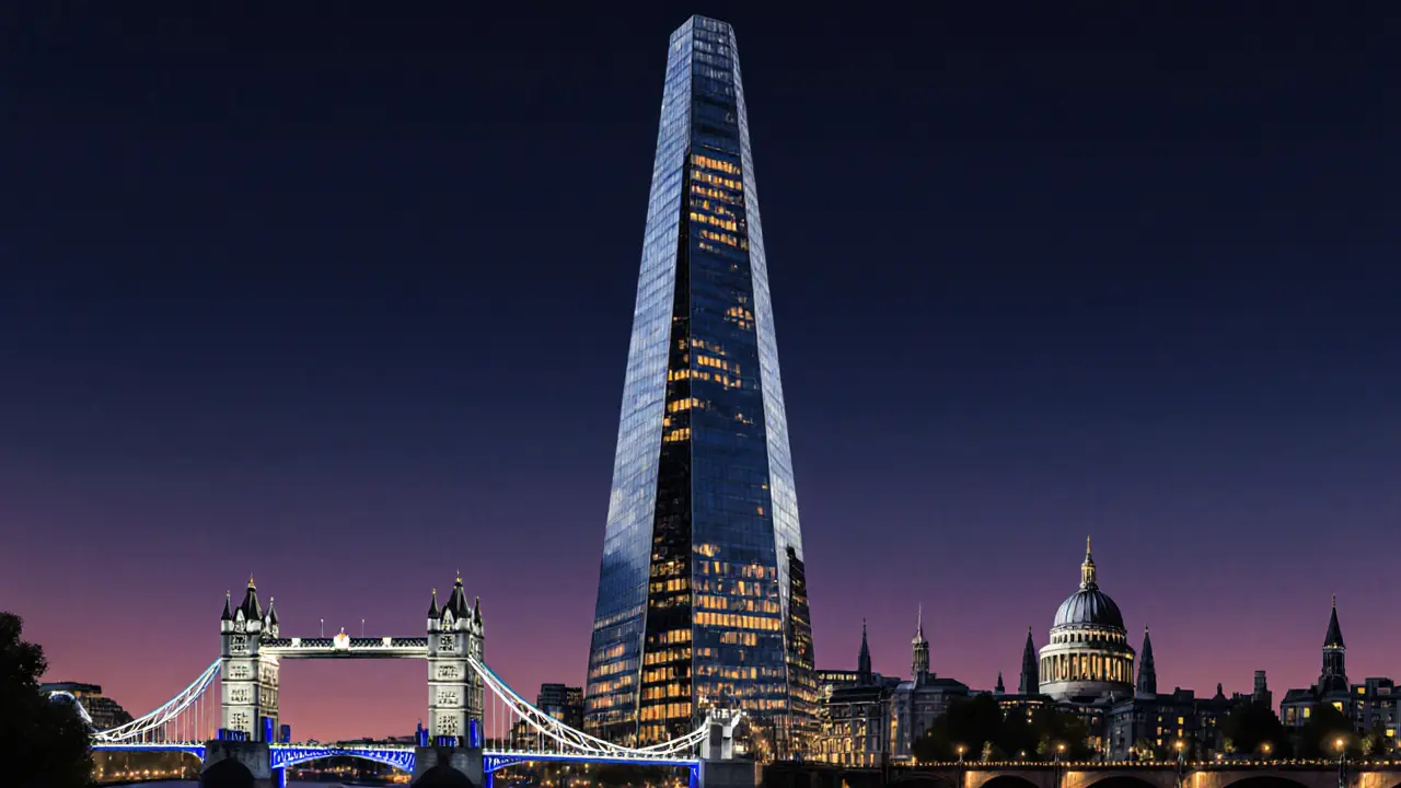 The Shard at twilight reflecting Tower Bridge and the historic skyline, no digital ads or text.