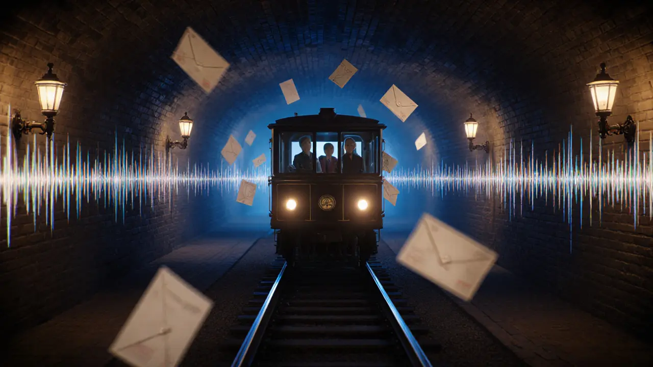 Tiny train racing through underground postal tunnels with floating letters and flickering gas lamps lighting the way.