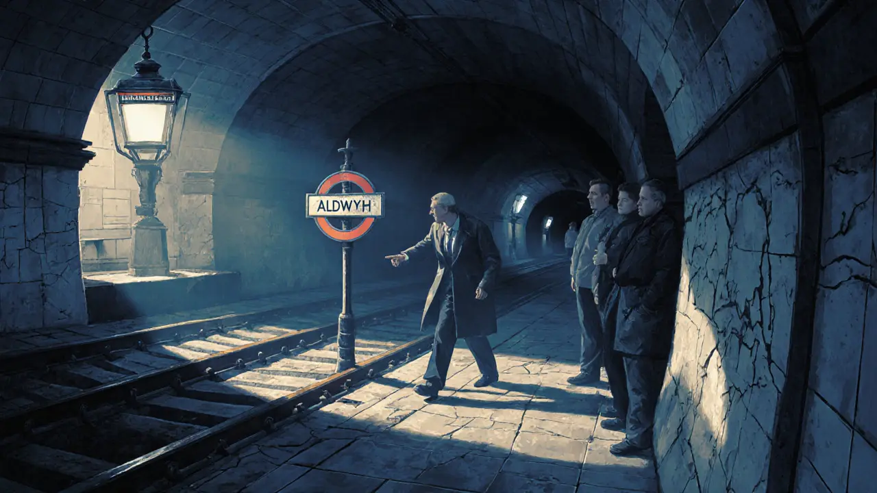 Tourists explore the abandoned Aldwych Underground station with original tilework and wartime details.