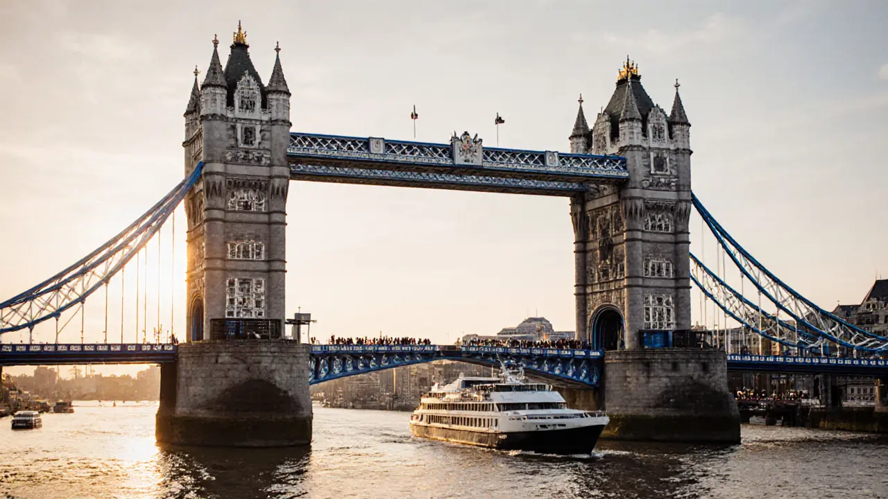 Tower Bridge&#039;s bascules lifting at sunset as a ship passes through, viewed from the Tower of London&#039;s moat.
