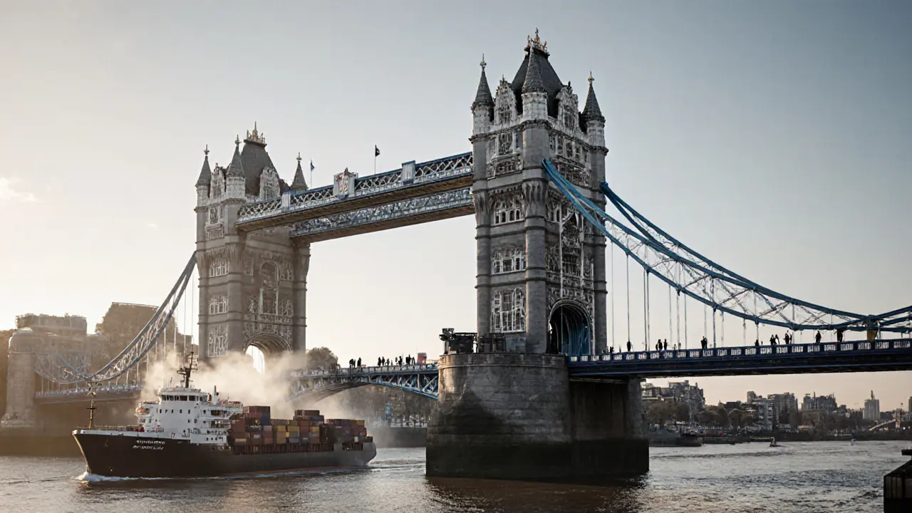 Tower Bridge lifting mid-river with a ship passing underneath, pedestrians watching from above.