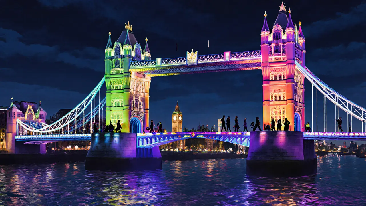 Tower Bridge lit in rainbow colors at night, people walking on the high walkway with the Thames below.