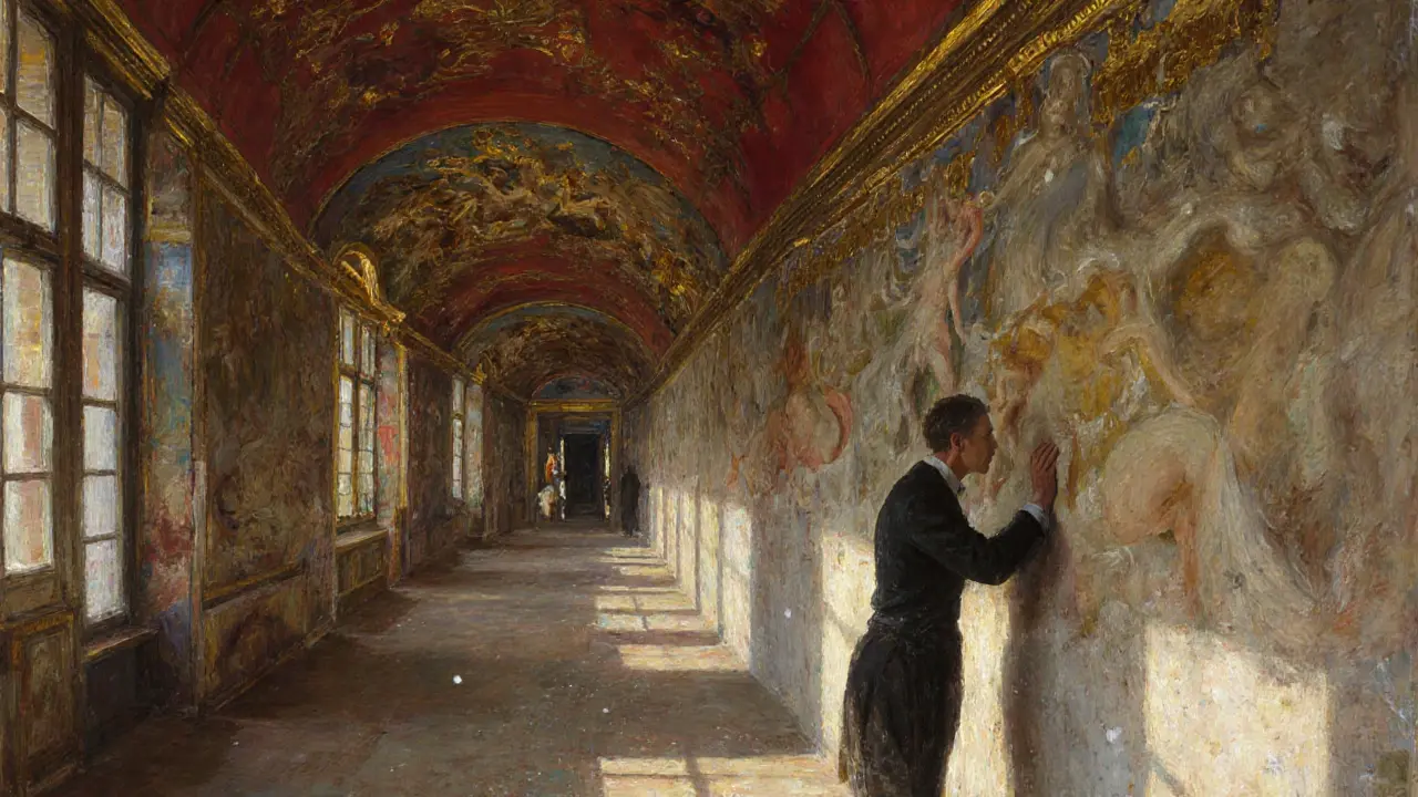 Two people whispering across a painted Baroque corridor, sound seemingly traveling through the wall.