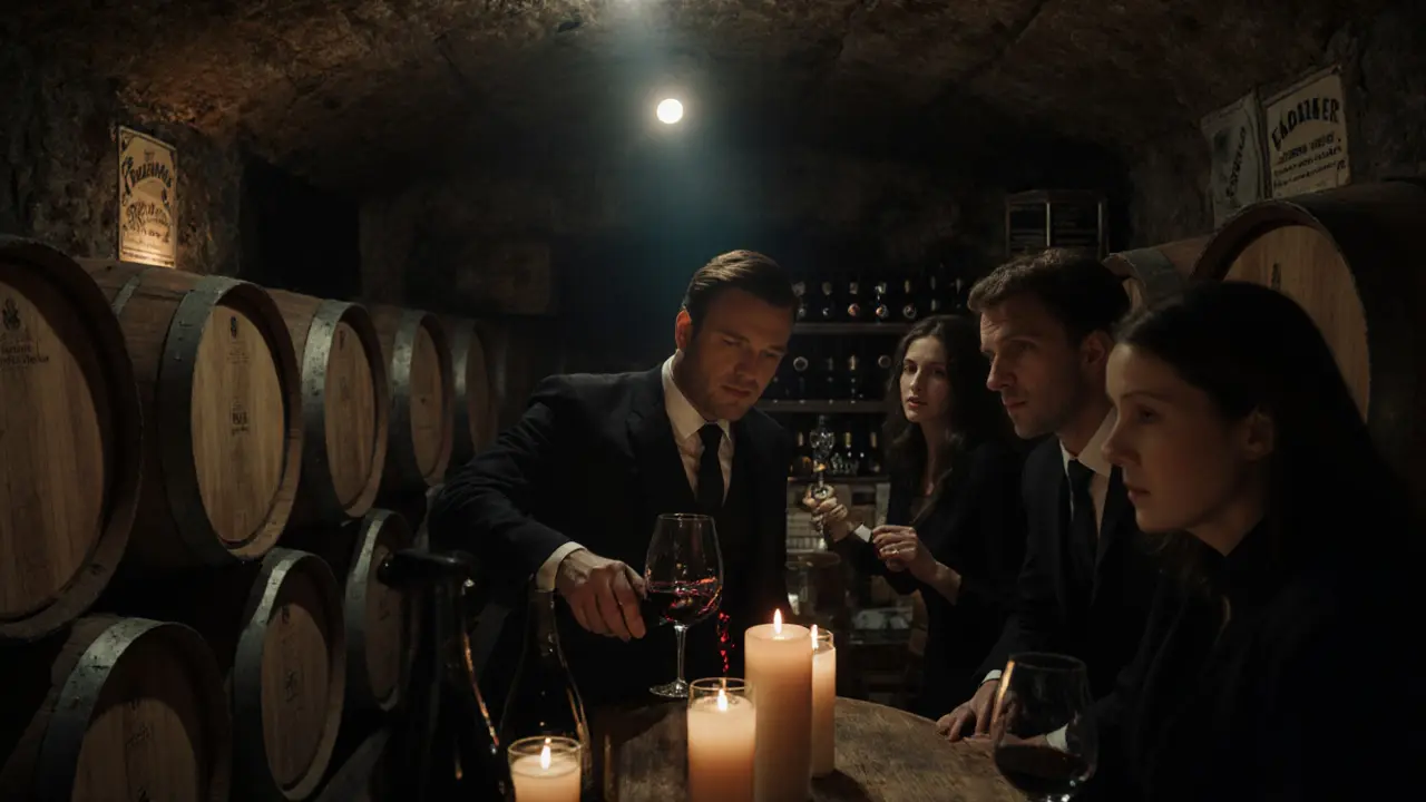 Underground London wine cellar with sommelier pouring red wine by candlelight.
