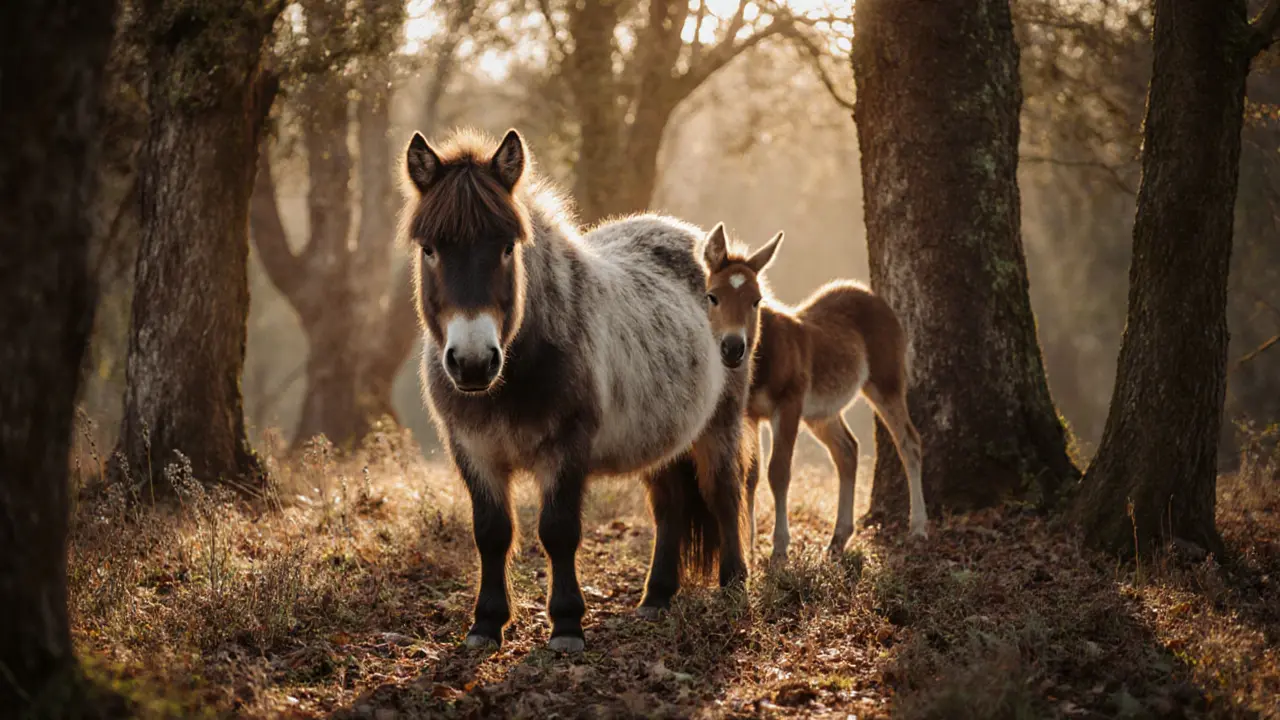 Wild pony and foal grazing peacefully in the ancient woodland of the New Forest.