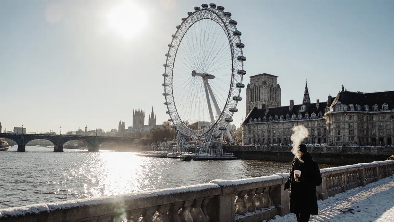 Winter morning view of the London Eye under clear skies, with the Thames shining and a lone figure walking nearby.
