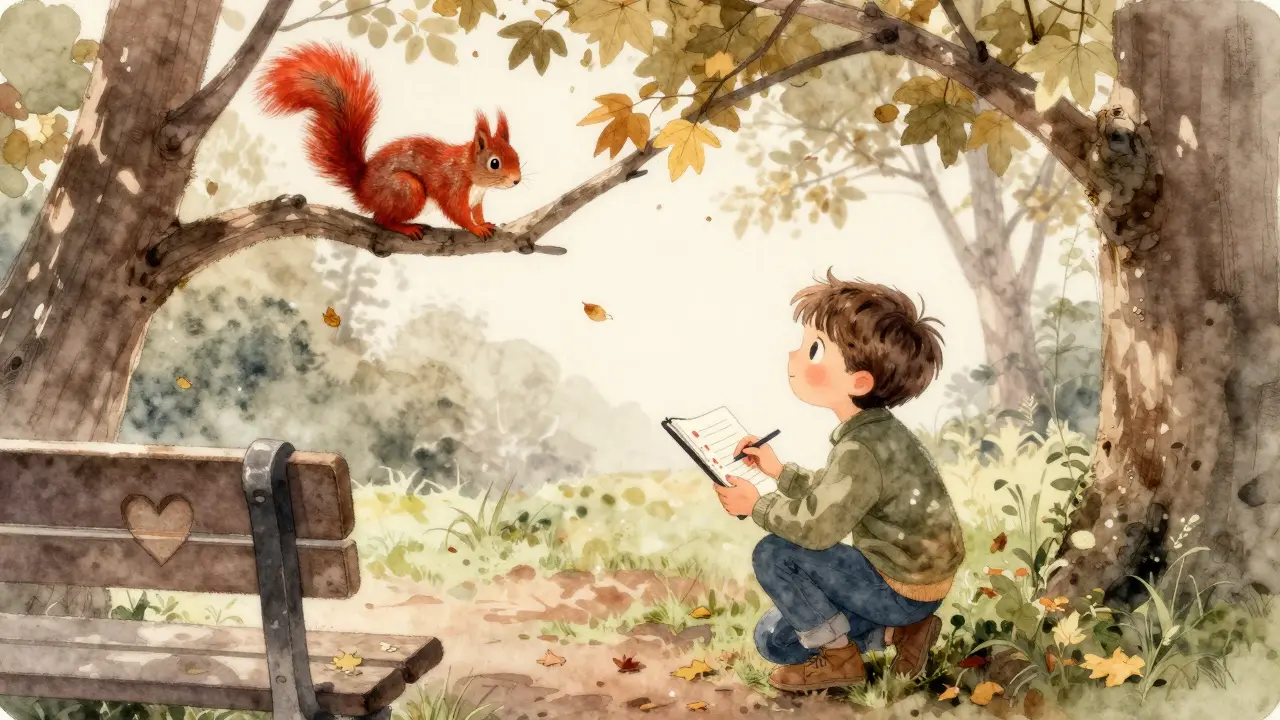 A child in Hampstead Heath spots a red squirrel while checking items off a treasure hunt list.