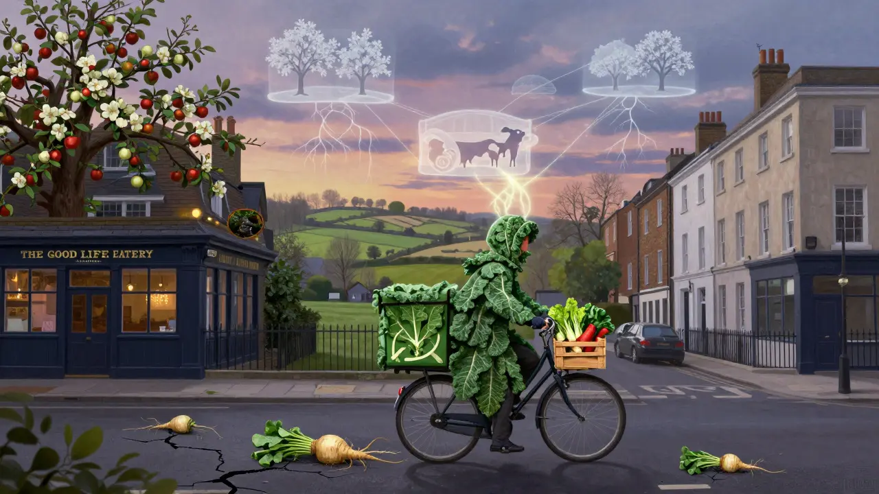 A cyclist delivers organic vegetables through a dreamlike London where farms grow among city streets.