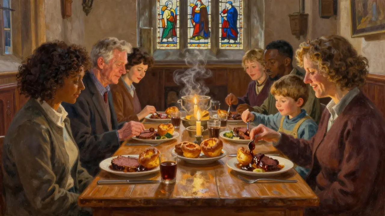A diverse family shares a simple Sunday roast at a church hall, lit by candlelight.