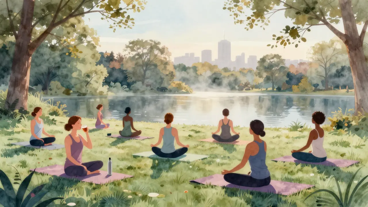 A diverse group doing yoga together near a lake in Regent’s Park at sunrise, surrounded by trees and mist.