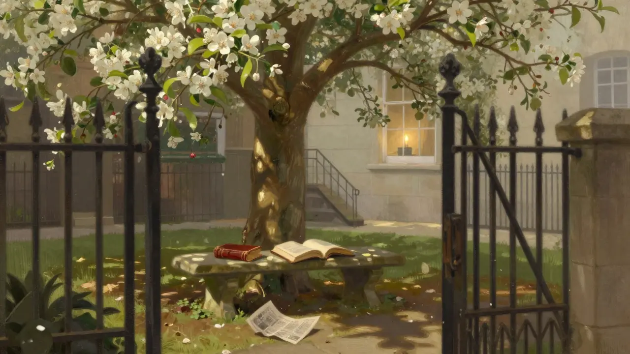 A hidden garden behind Daunt Books with an old apple tree and an open book on a stone bench.