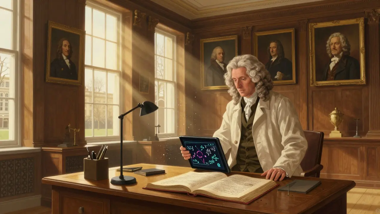 A modern scientist in the historic Royal Society library, beside portraits of Newton and Darwin, with a tablet displaying quantum data.