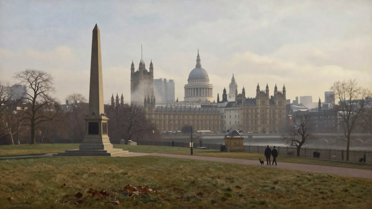 A panoramic view from Parliament Hill in winter, showing London's skyline with a stone obelisk in the foreground.