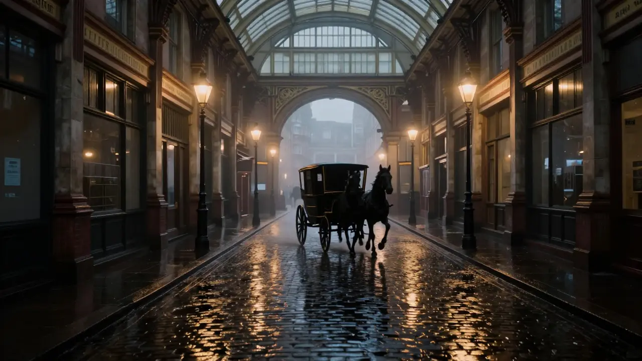 A phantom black coach vanishing into mist at Leadenhall Market on a rainy midnight.