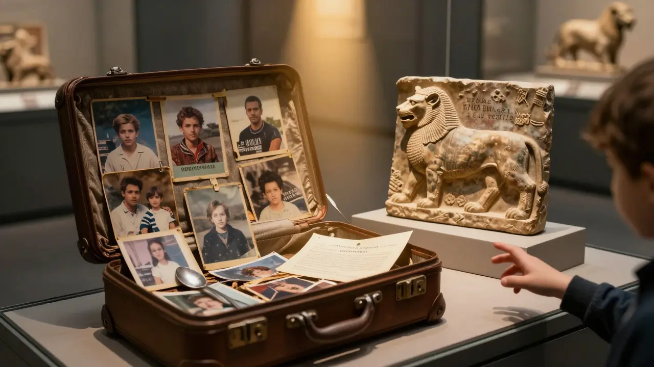A refugee's suitcase beside an ancient Assyrian lion relief, both illuminated by a single beam of light in a museum gallery.