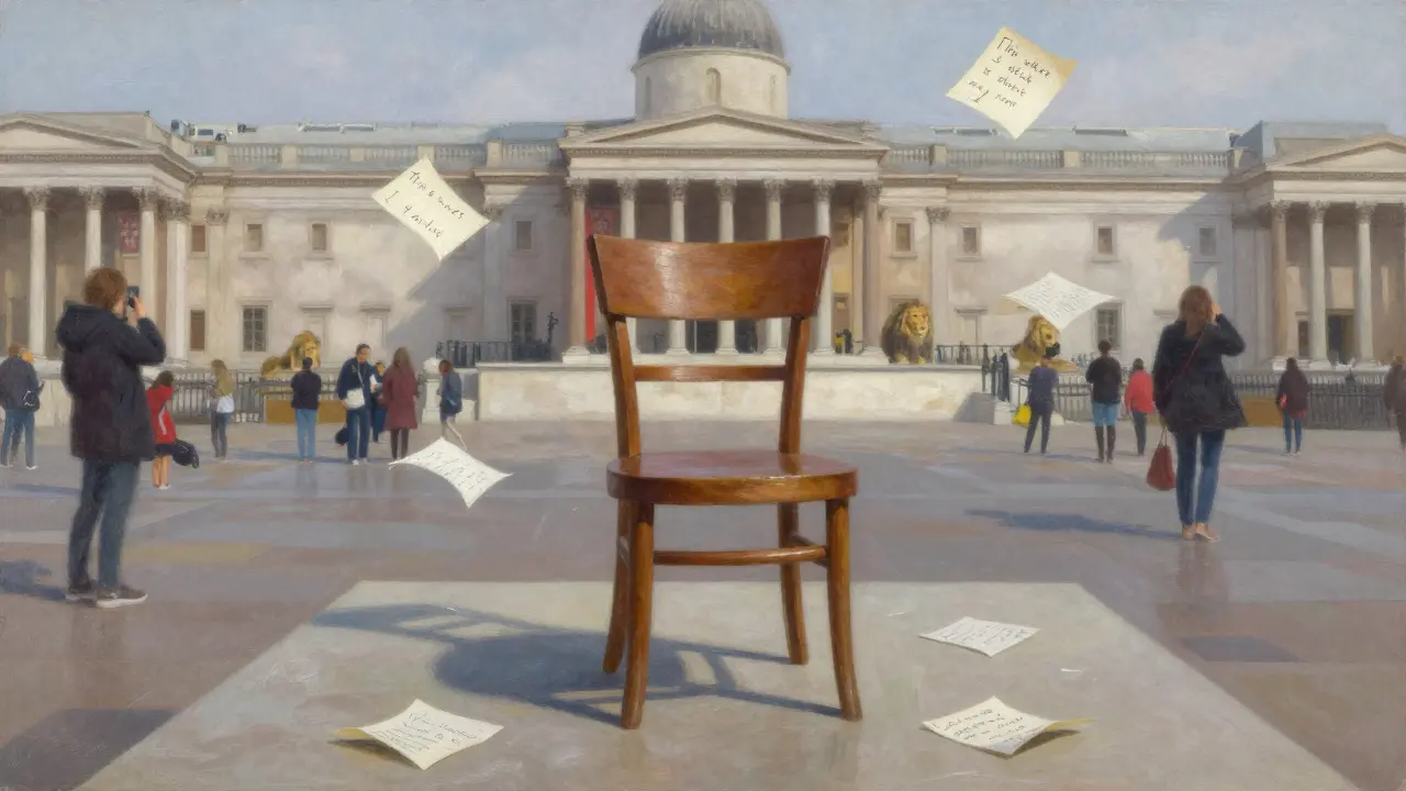 A single empty chair on the Fourth Plinth with scattered handwritten notes blowing in the wind.