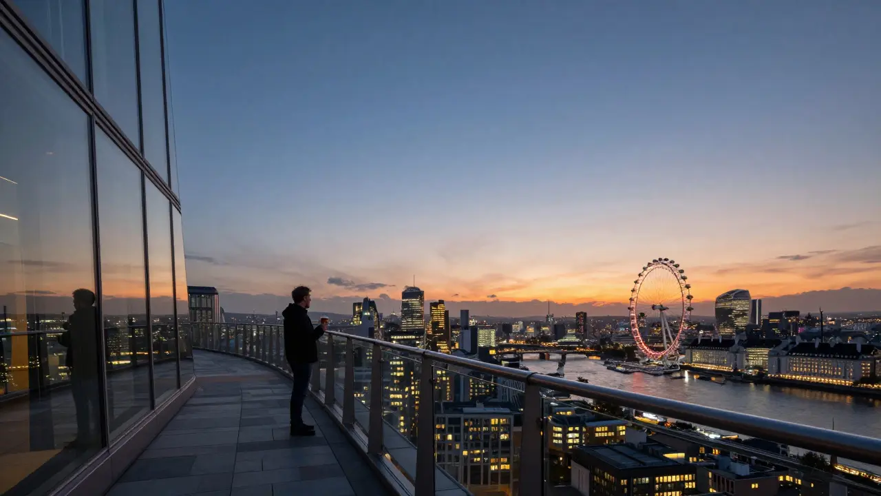 A solitary figure on The Shard’s terrace at twilight, city lights glowing below.