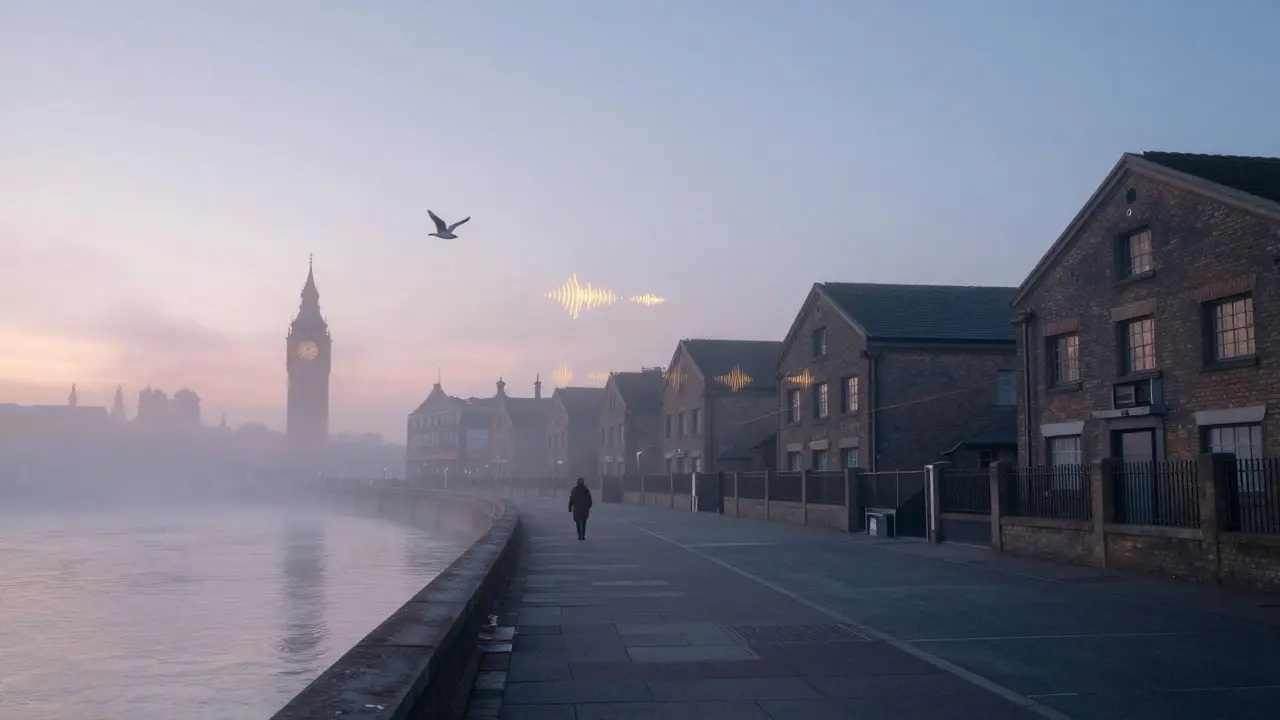 A solitary figure walks along the Thames at sunrise, surrounded by fog and empty historic warehouses.