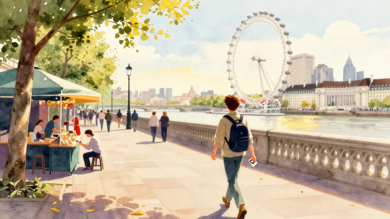 A solo traveler pauses to enjoy street music along the Thames on a sunny afternoon in South Bank.