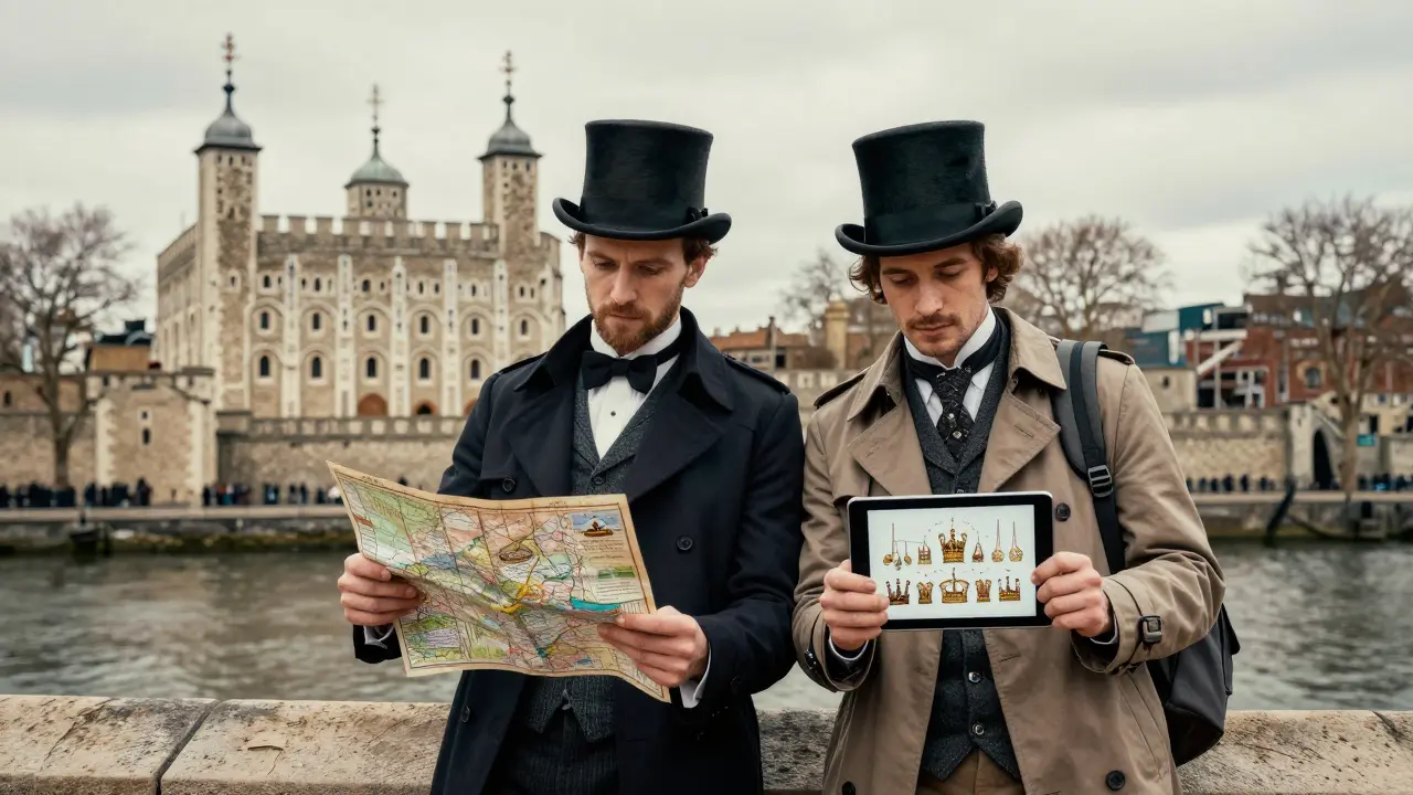 A Victorian tour guide and modern traveler stand together at the Tower of London, symbolizing guided and independent exploration.