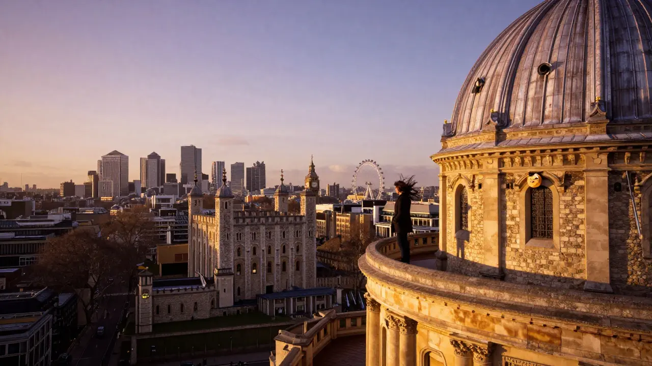 A visitor on the Stone Gallery overlooking London at sunset, with major landmarks visible in the distance.