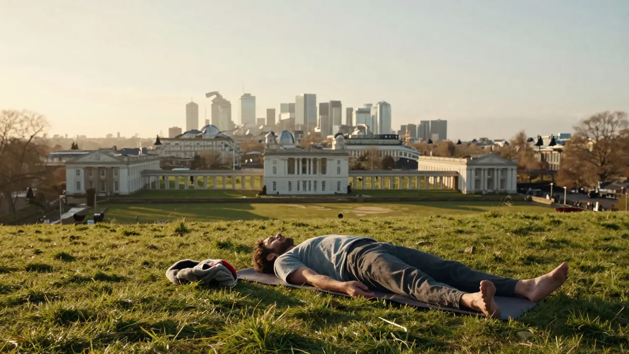 A yogi lying in Savasana on a hilltop in Greenwich Park with the Thames and city skyline in the background.