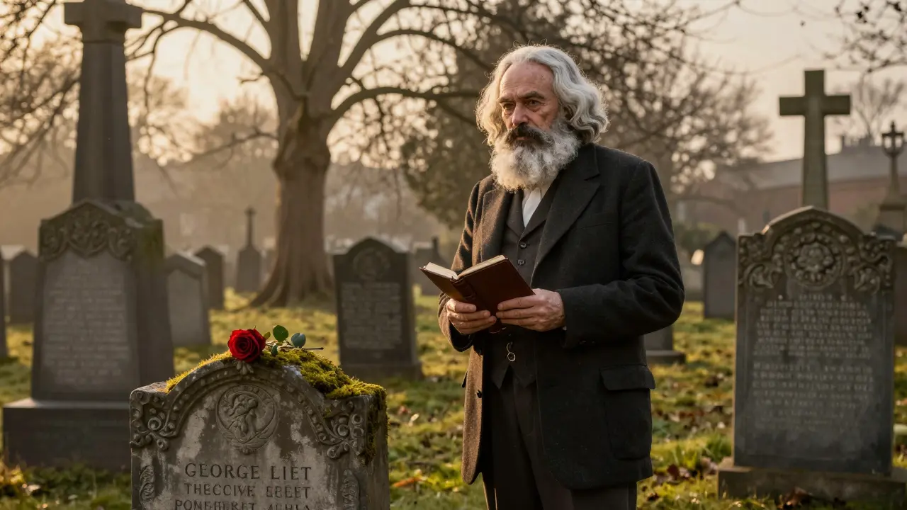 An elderly guide stands in Highgate Cemetery at sunset, surrounded by Victorian gravestones with a rose on a monument.