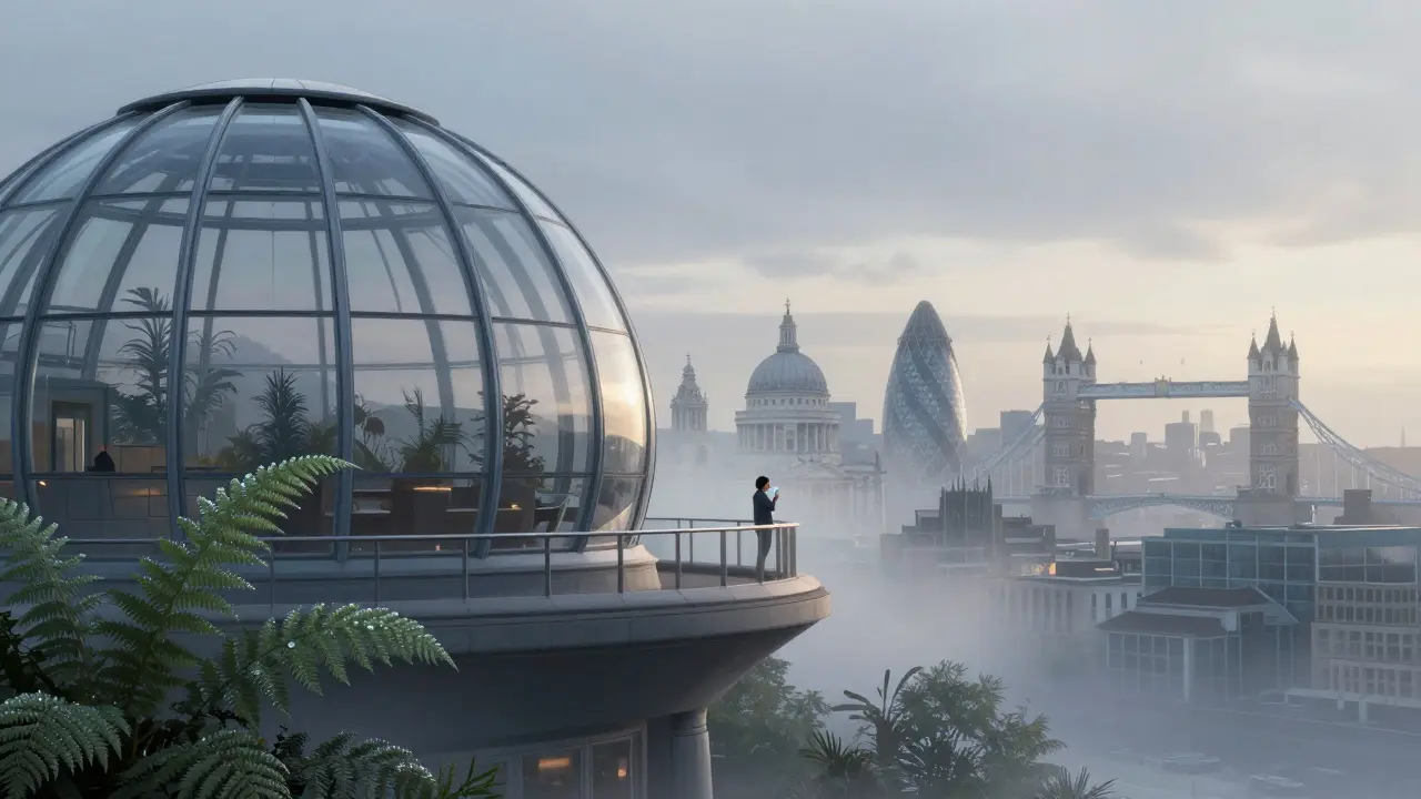 An empty Sky Garden at dawn, with fog and ferns under the glass dome as the city wakes below.