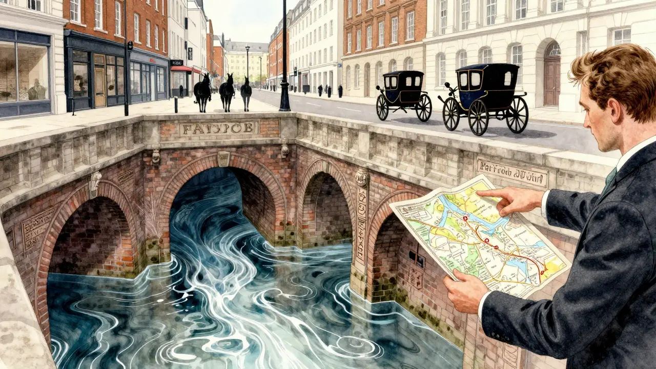 An underground river flows beneath London streets, with historic brickwork visible through translucent water and old engravings.