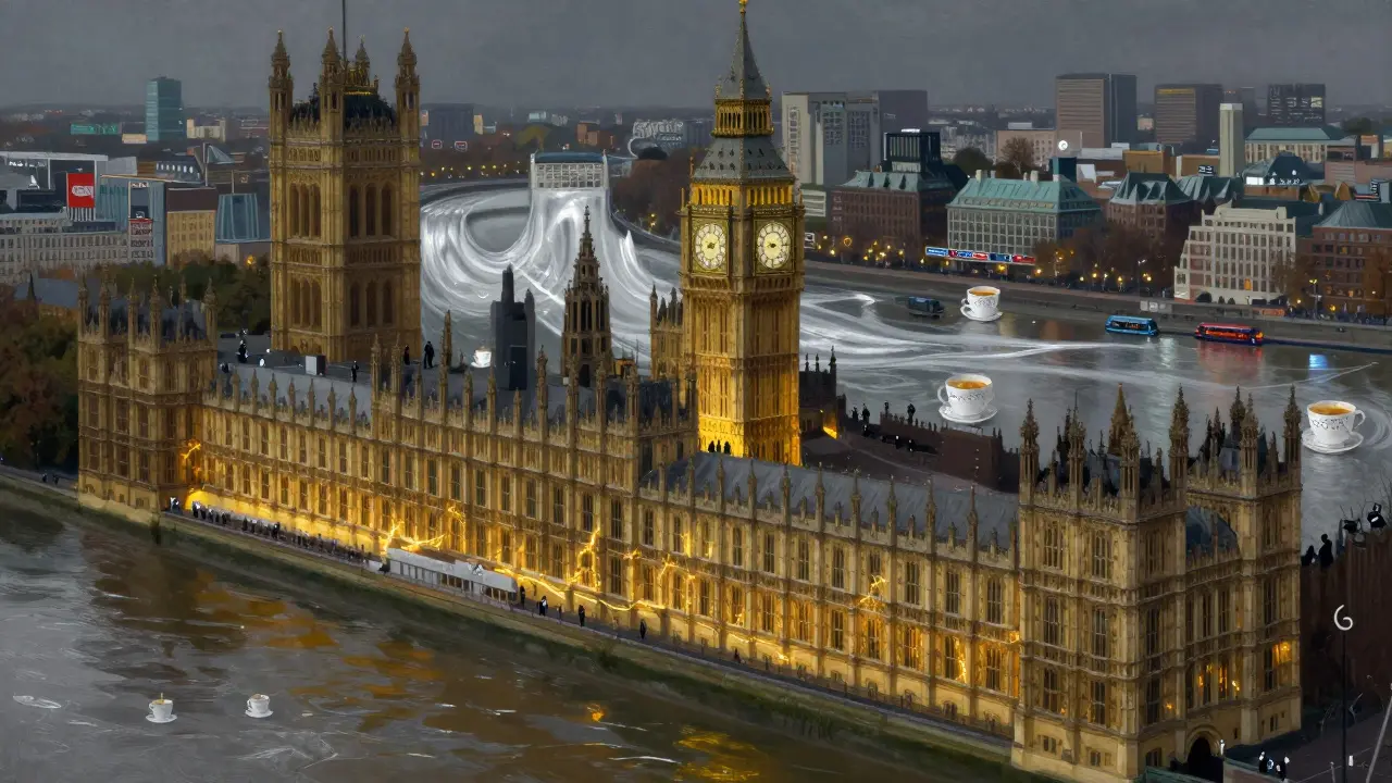 Artistic depiction of Parliament as a living building with golden light veins, figures moving through corridors, Thames flowing behind.