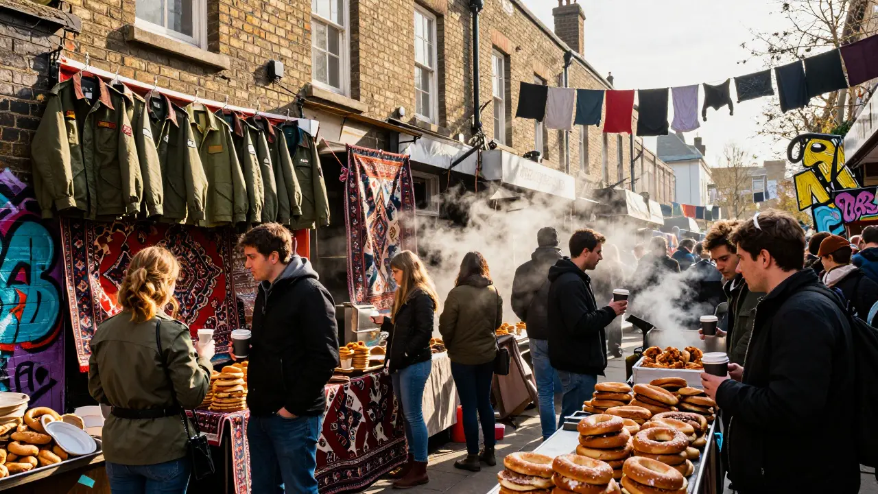 Brick Lane Sunday market with vintage stalls, food steam, and sunlit brick walls.