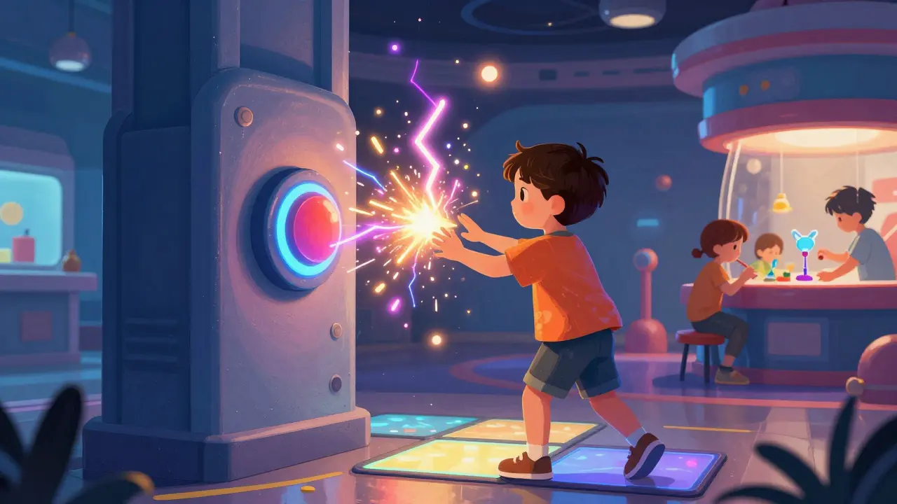 Child creating glowing lightning effects in a hands-on science exhibit with colorful interactive panels.